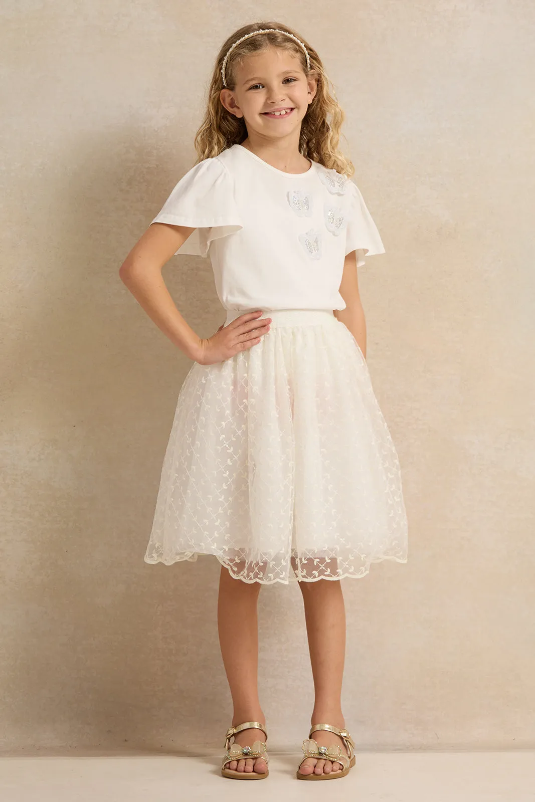 Girls Ivory 3D Butterfly Tee With Lace Skirt (2 Piece)