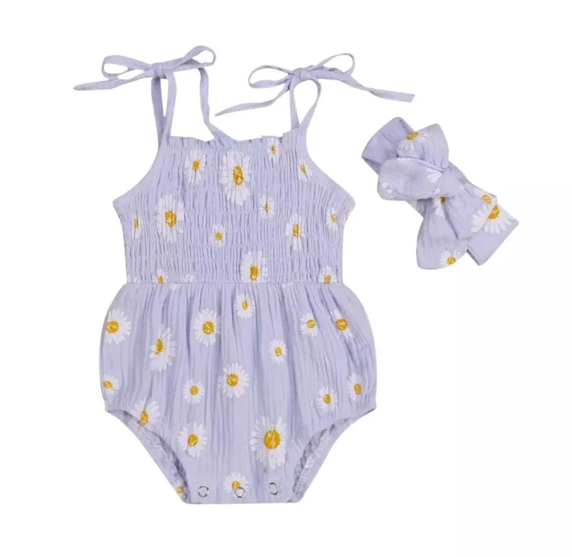 Girls Muslin Daisy Romper and Headband Set