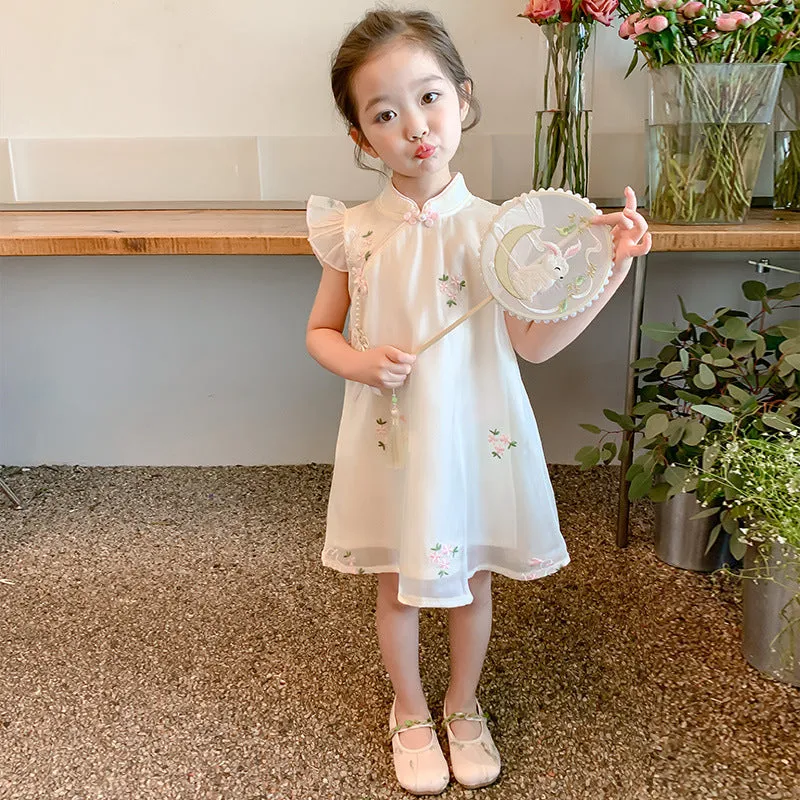 Girls' Summer Dress Dress 2024 New Western Style Kids' Skirt Summer Short Sleeve Cheongsam Dress Baby Girl Princess Dress