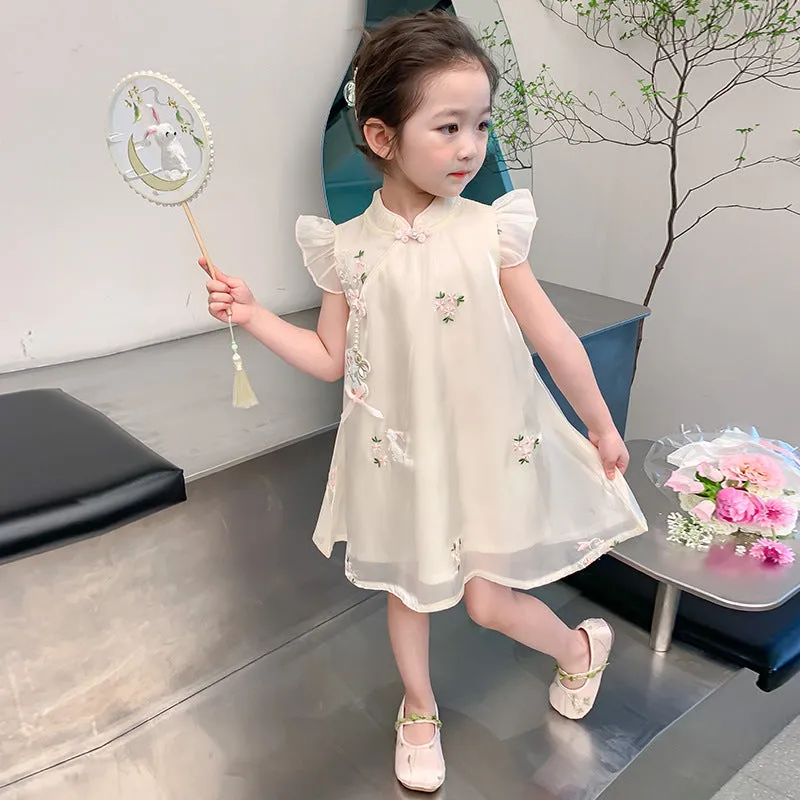 Girls' Summer Dress Dress 2024 New Western Style Kids' Skirt Summer Short Sleeve Cheongsam Dress Baby Girl Princess Dress