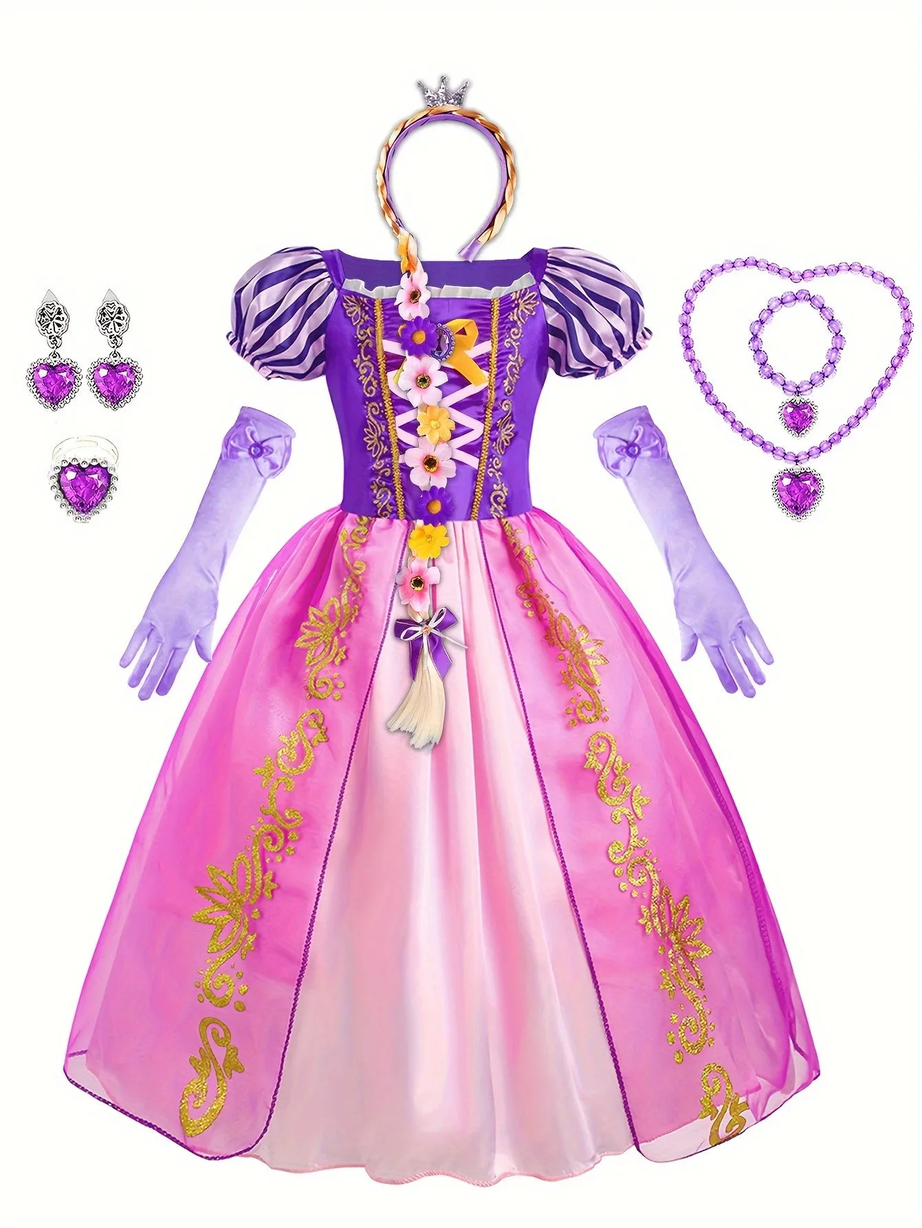 Girls Trendy Princess Dress With Crown Necklace And Ring For Birthday Party Halloween Christmas Costume Performance Dress Jewelry Wig Set Kids Clothes