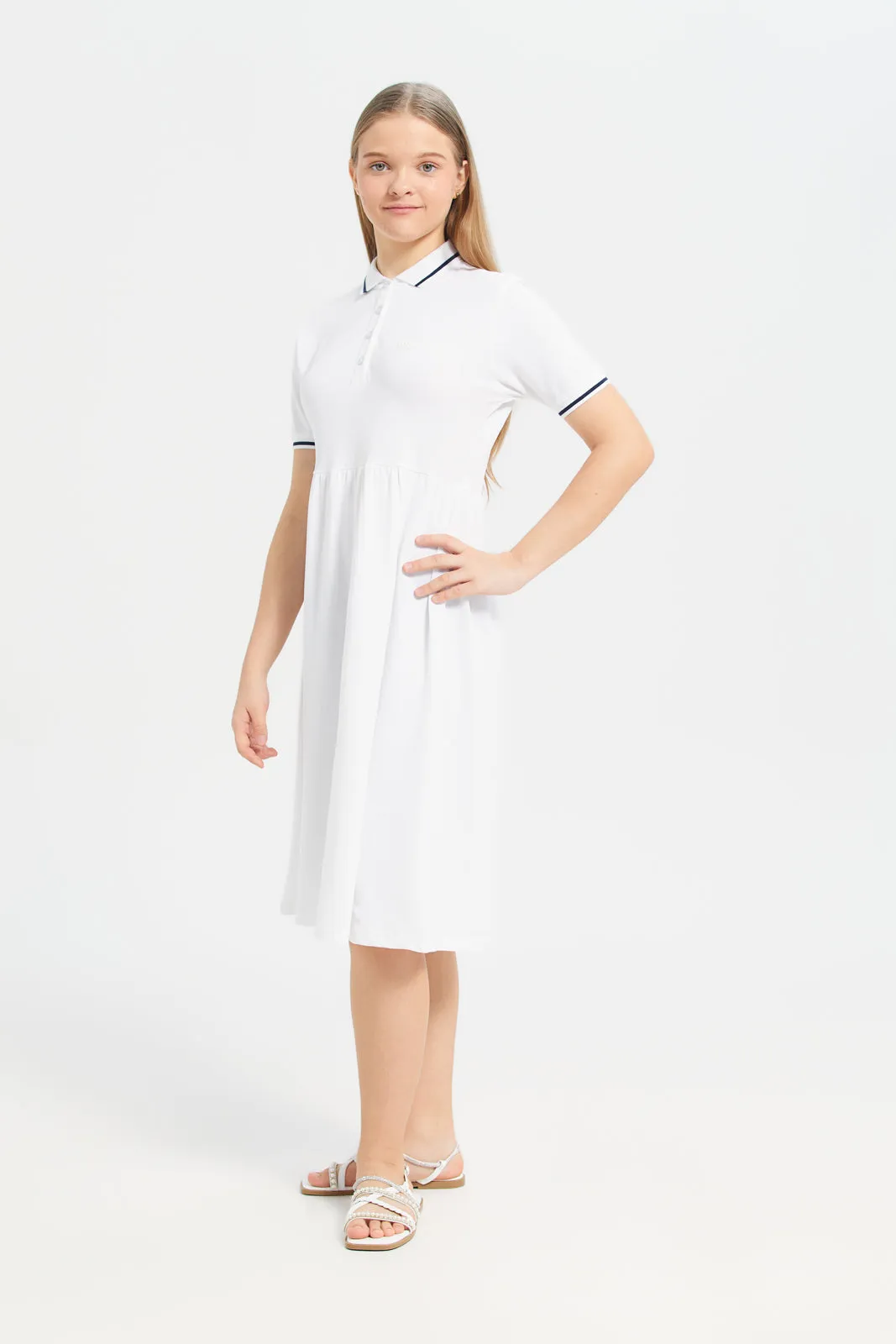 Girls White Collar Plain Short Sleeve Dress