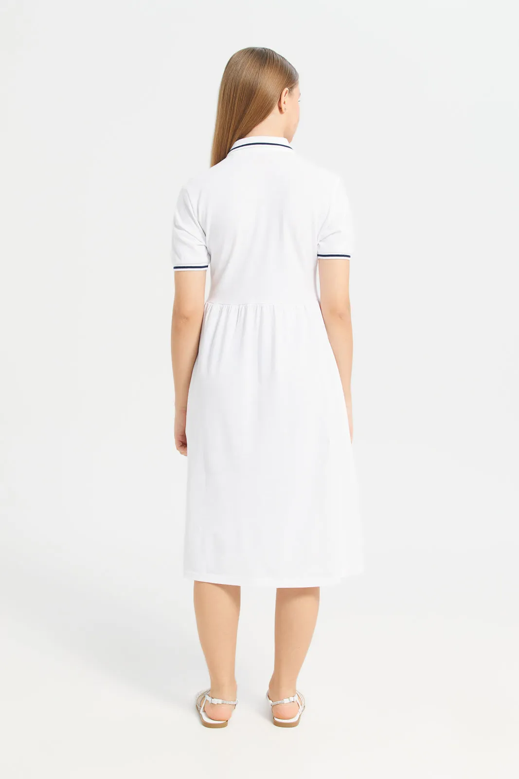 Girls White Collar Plain Short Sleeve Dress