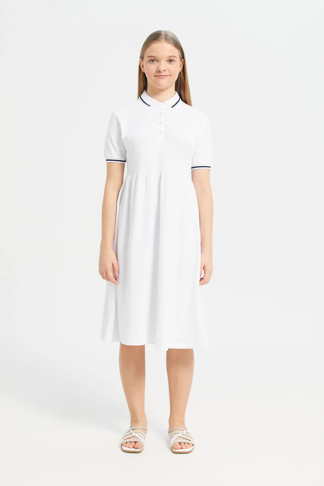 Girls White Collar Plain Short Sleeve Dress