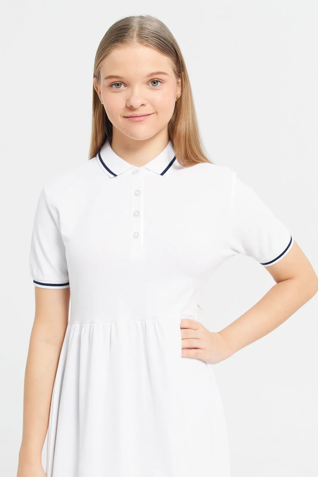 Girls White Collar Plain Short Sleeve Dress