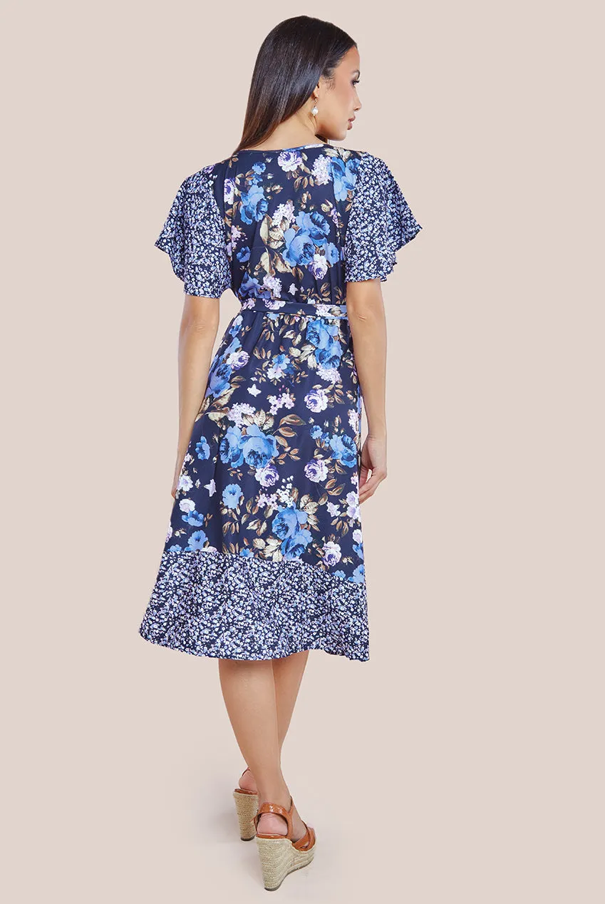 Goddiva Flutter Sleeve Printed Midi Dress - Navy Print