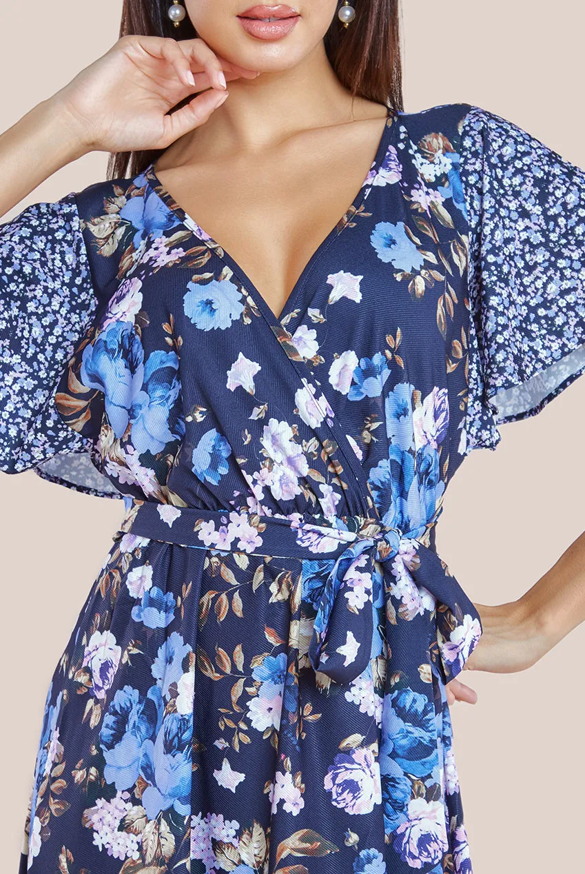 Goddiva Flutter Sleeve Printed Midi Dress - Navy Print