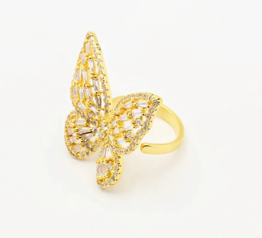 Gold Big Butterfly Crystal Ring