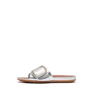 Gracie Crystal Maxi-Buckle Metallic-Leather Slides - Silver