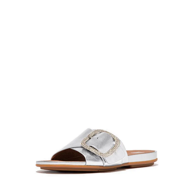 Gracie Crystal Maxi-Buckle Metallic-Leather Slides - Silver