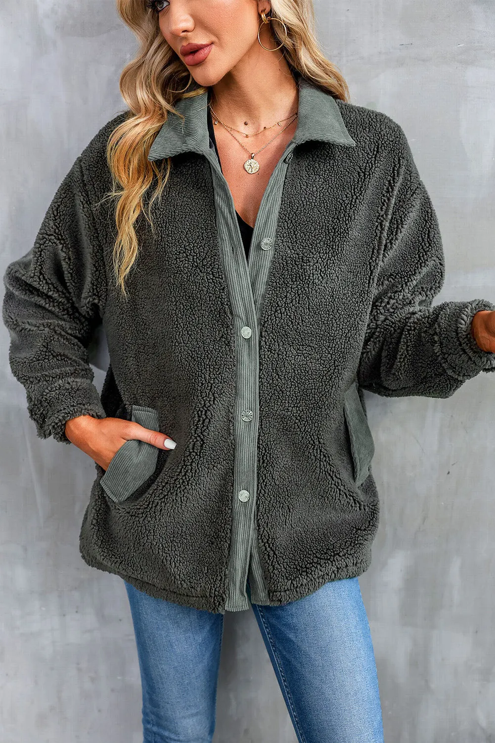 Gray Corduroy Trim Elbow Patch Sherpa Jacket