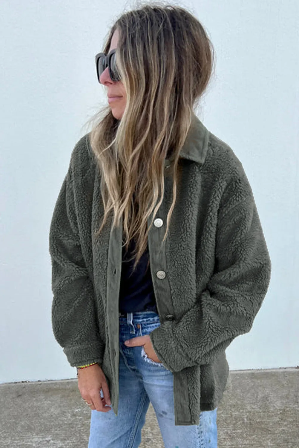 Gray Corduroy Trim Elbow Patch Sherpa Jacket