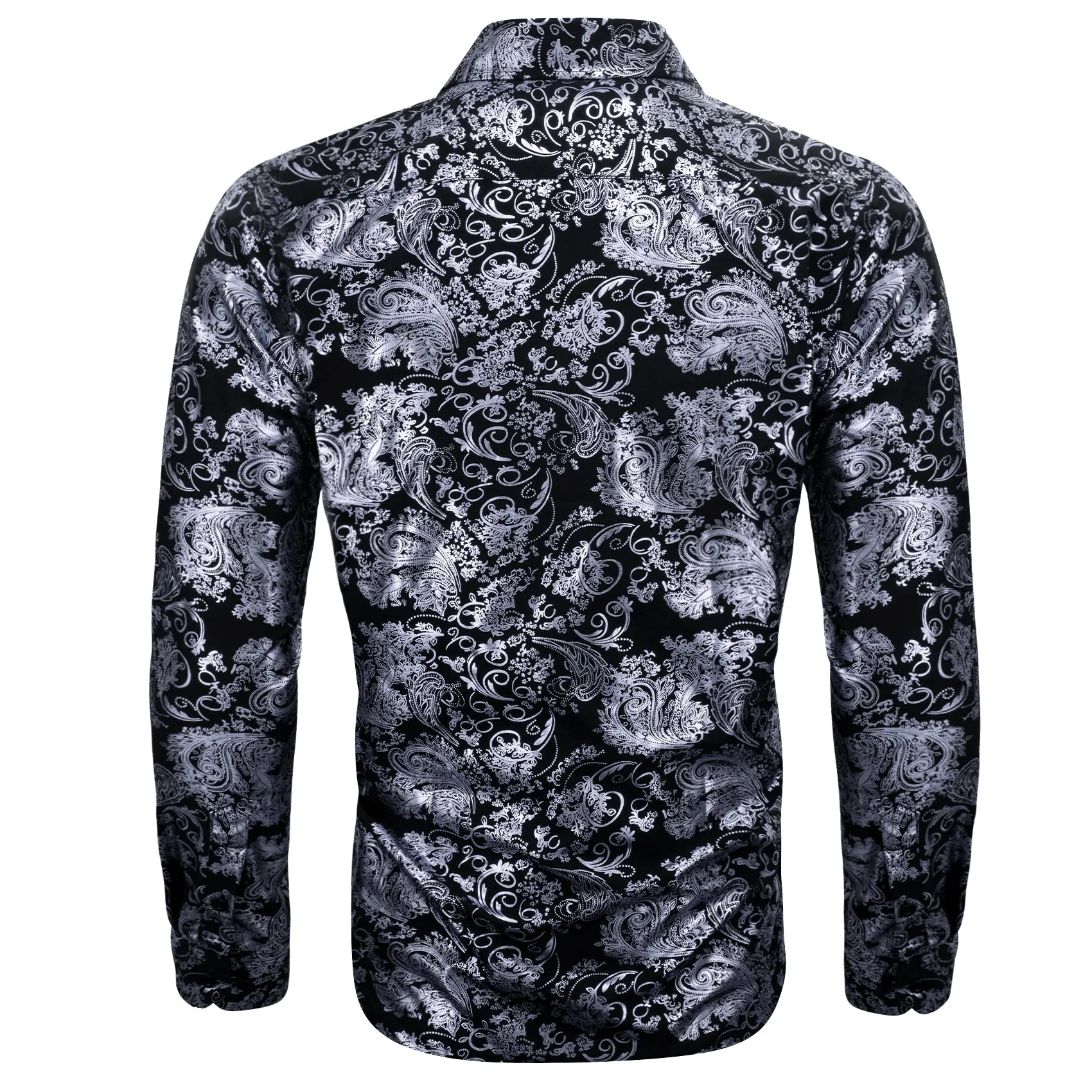 Grey Black Floral Paisley Silk Men's Long Sleeve Shirt