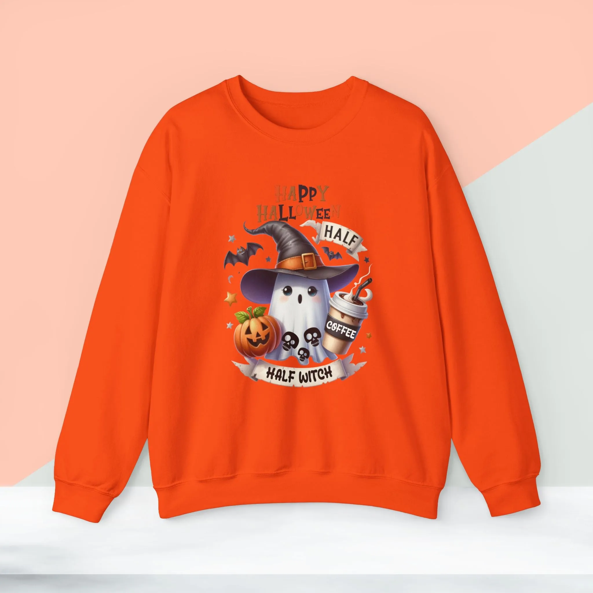 Half Coffee Half Witch sweatshirt, Happy Halloween Sweatshirt - Unisex Heavy Blend Crewneck, Halloween Sweatshirt, Cute Spooky Ghost sweatshirt.