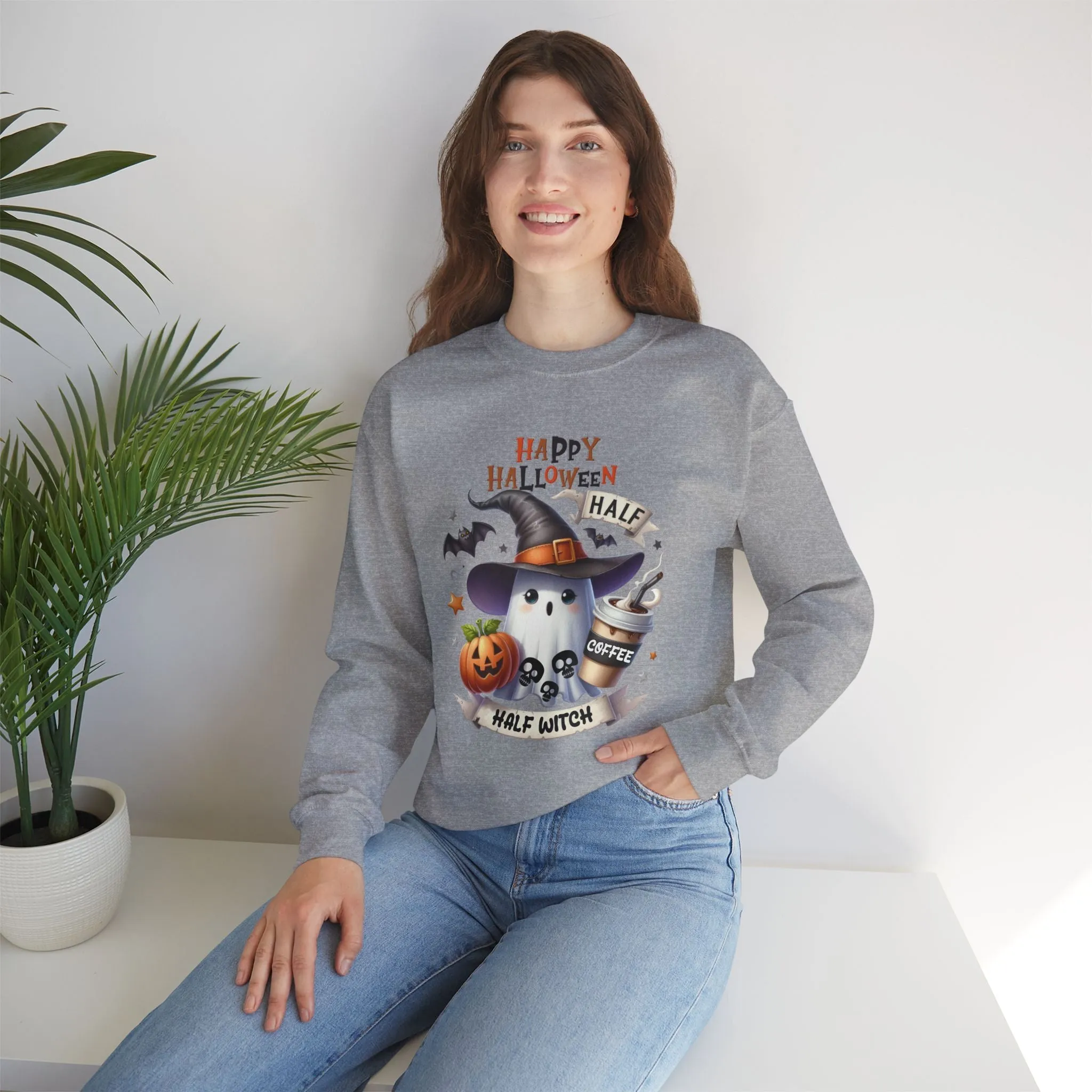 Half Coffee Half Witch sweatshirt, Happy Halloween Sweatshirt - Unisex Heavy Blend Crewneck, Halloween Sweatshirt, Cute Spooky Ghost sweatshirt.