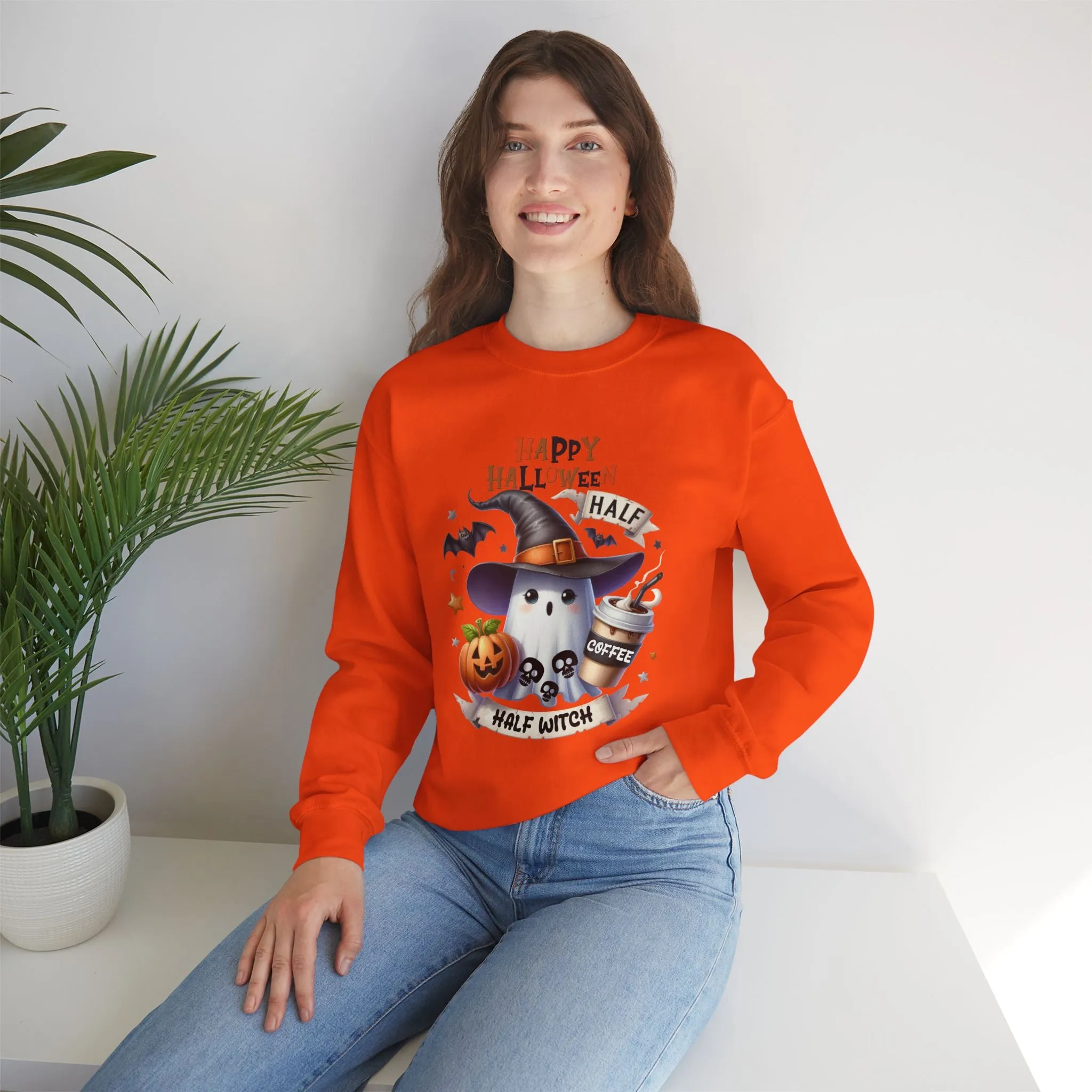 Half Coffee Half Witch sweatshirt, Happy Halloween Sweatshirt - Unisex Heavy Blend Crewneck, Halloween Sweatshirt, Cute Spooky Ghost sweatshirt.