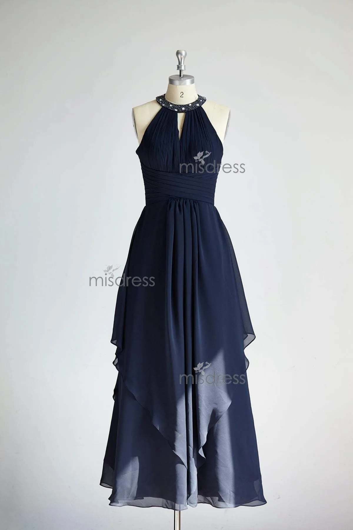 Halter Neck Navy Blue Beaded Chiffon Long Wedding Bridesmaid Dress