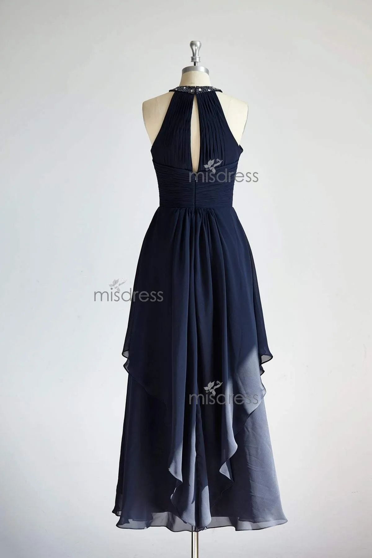 Halter Neck Navy Blue Beaded Chiffon Long Wedding Bridesmaid Dress