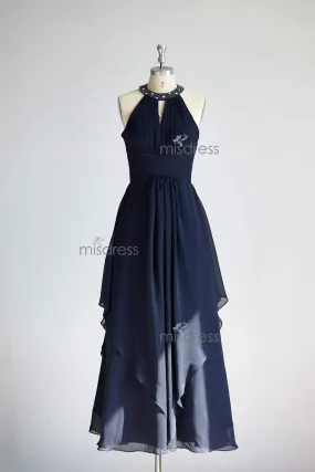 Halter Neck Navy Blue Beaded Chiffon Long Wedding Bridesmaid Dress