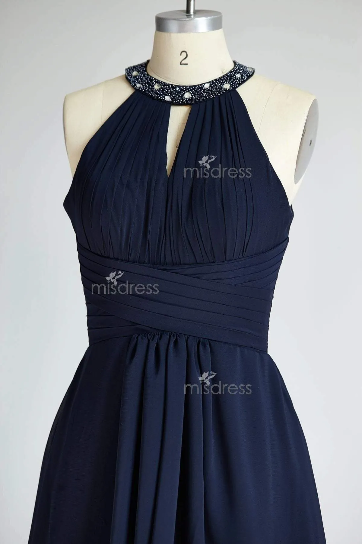 Halter Neck Navy Blue Beaded Chiffon Long Wedding Bridesmaid Dress