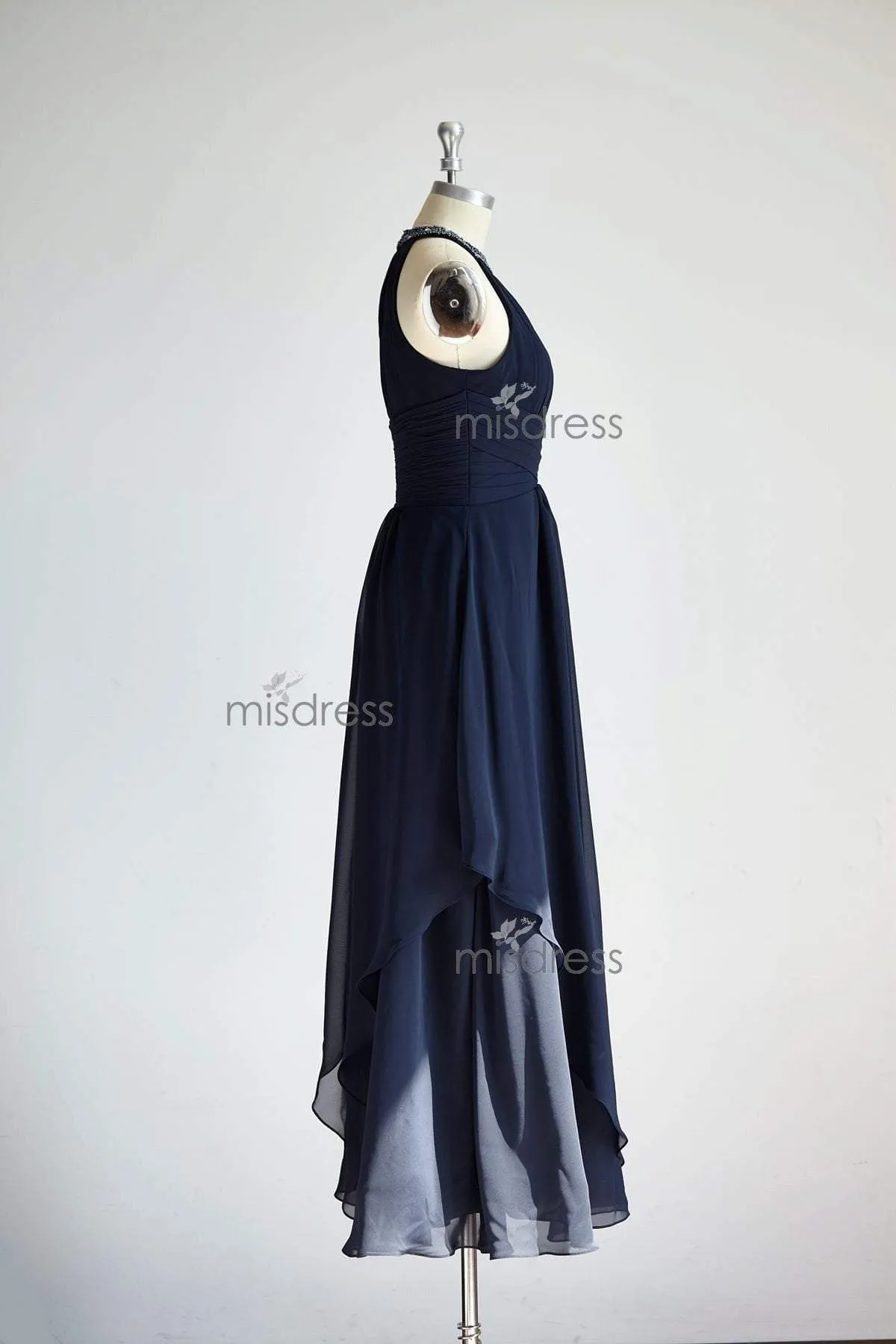 Halter Neck Navy Blue Beaded Chiffon Long Wedding Bridesmaid Dress