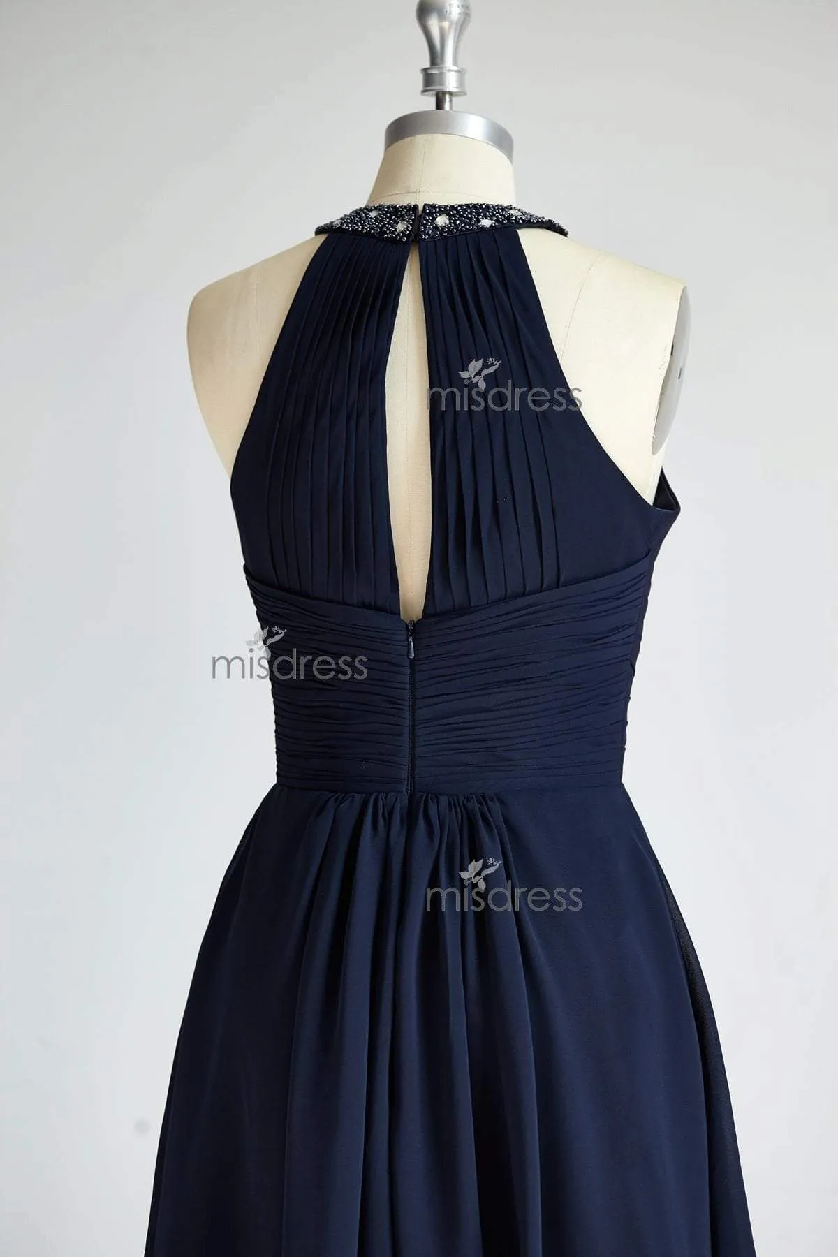 Halter Neck Navy Blue Beaded Chiffon Long Wedding Bridesmaid Dress