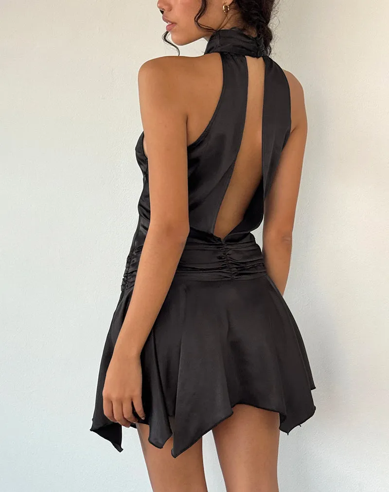 Hydri Satin Halterneck Mini Dress in Black