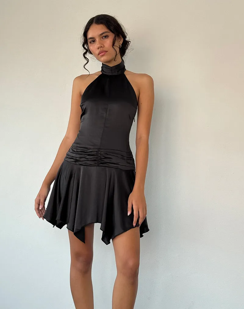 Hydri Satin Halterneck Mini Dress in Black