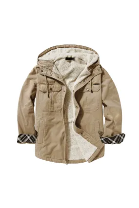 Ilooove - Men's Hooded Solid Thicken Outdoor Work Utility Coat Jacket khaki  Cream Color Big Size With Snap Closure  Men's Coat Fleece Lined Large Size Winter Warm Cotton Jacket