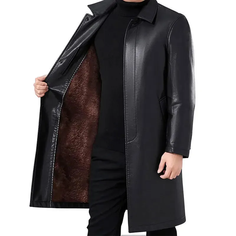 Ilooove Men's Long Over Knee Leather Trench Coat Men Plus Fleece Thickened Warm Leather Winter Coat Leather   Biker Jacket Men