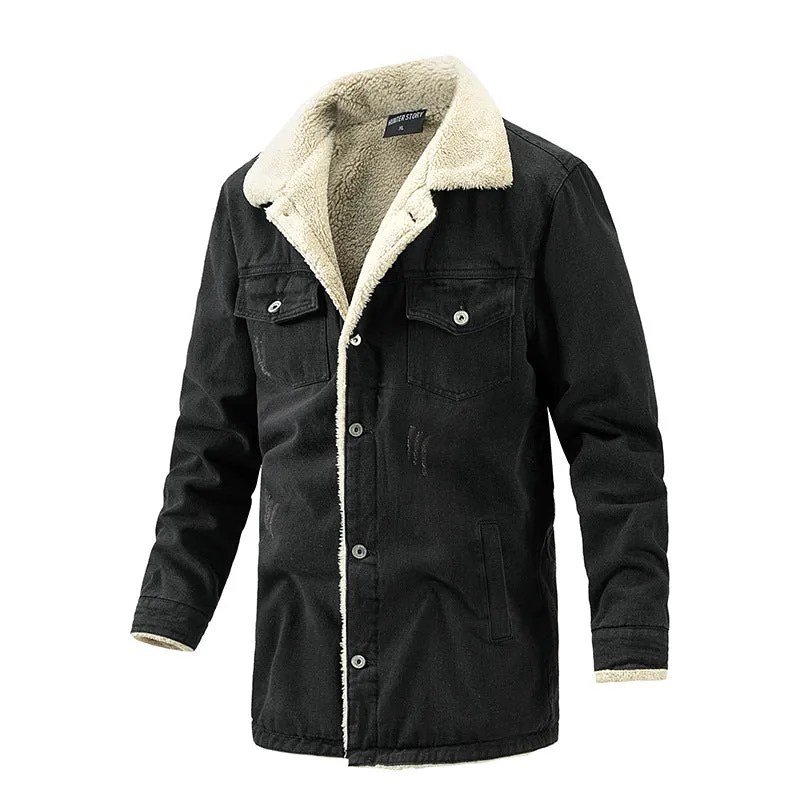 Ilooove - Winter Men Mid-length Turn-down Collar Sherpa Lined Warm Thick Casual Fleece Denim Jacket