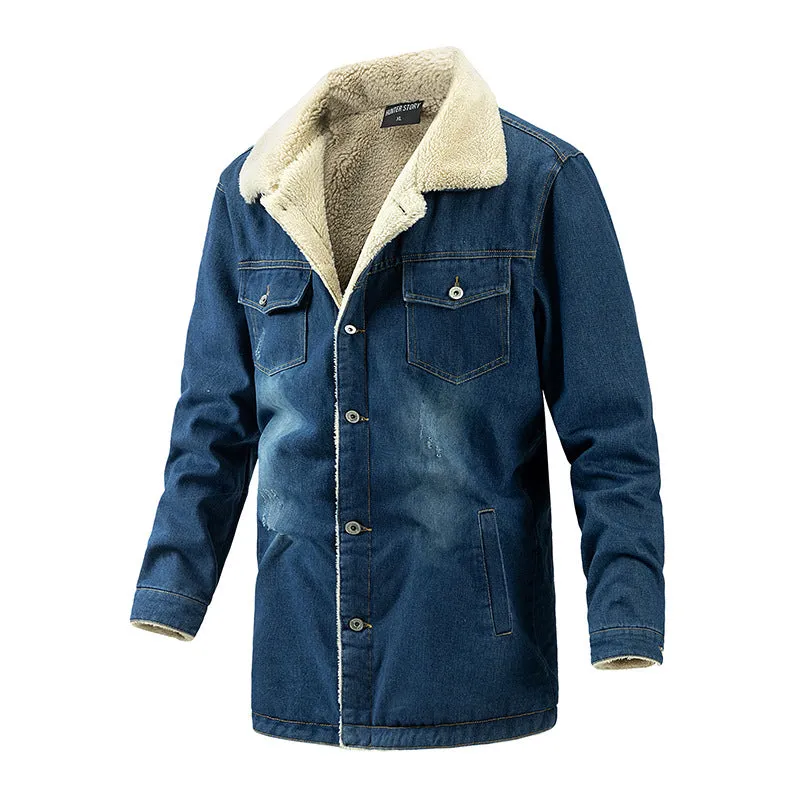 Ilooove - Winter Men Mid-length Turn-down Collar Sherpa Lined Warm Thick Casual Fleece Denim Jacket