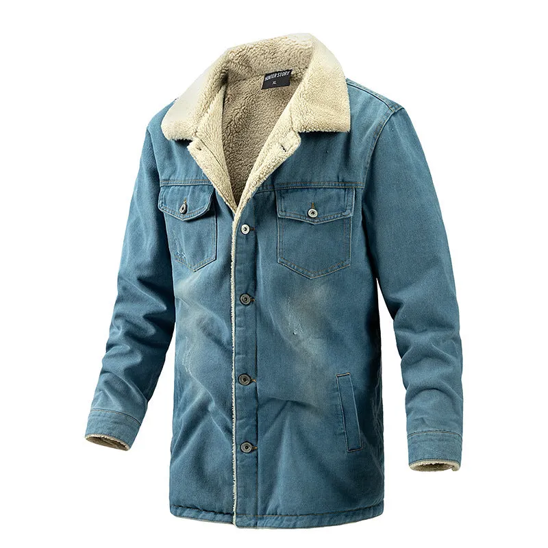 Ilooove - Winter Men Mid-length Turn-down Collar Sherpa Lined Warm Thick Casual Fleece Denim Jacket