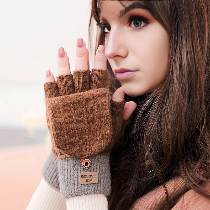 Imitation Cashmere Flip Gloves, Winter Women's Cycling Plus Velvet Warm Coldproof Thickened Knitted Cute Biker Autumn Winter Gloves