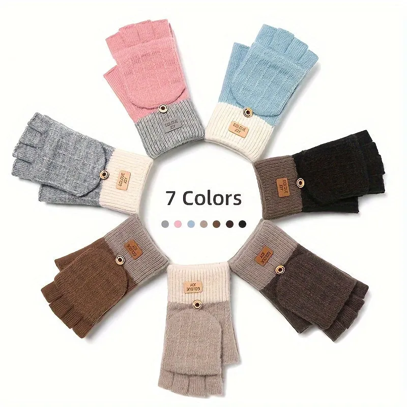 Imitation Cashmere Flip Gloves, Winter Women's Cycling Plus Velvet Warm Coldproof Thickened Knitted Cute Biker Autumn Winter Gloves