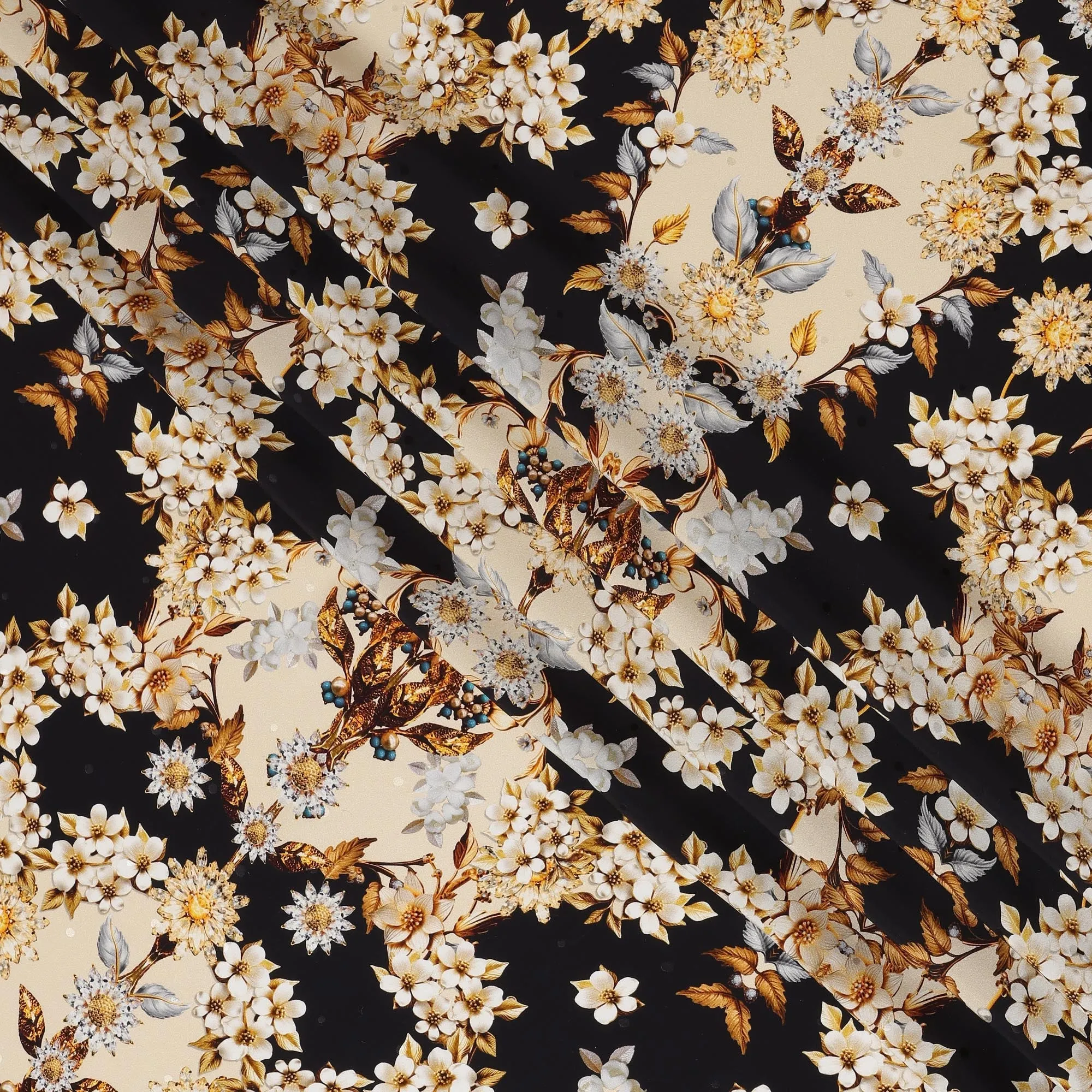 Italian Silk Satin Fabric with Elegant Floral Design on Black and Cream Background – 150 cm Width-D20331