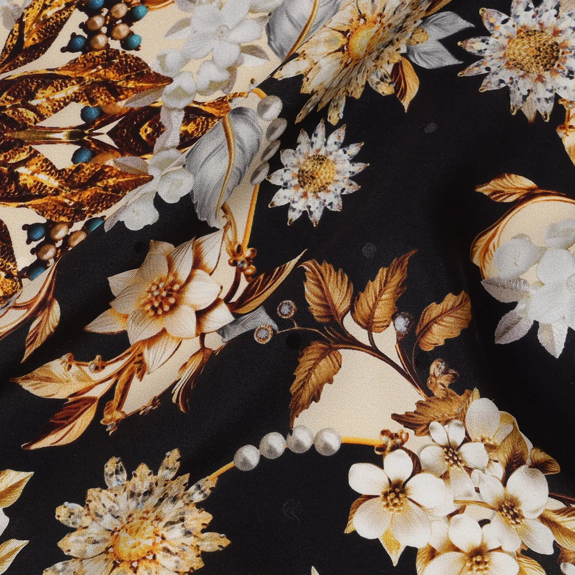 Italian Silk Satin Fabric with Elegant Floral Design on Black and Cream Background – 150 cm Width-D20331