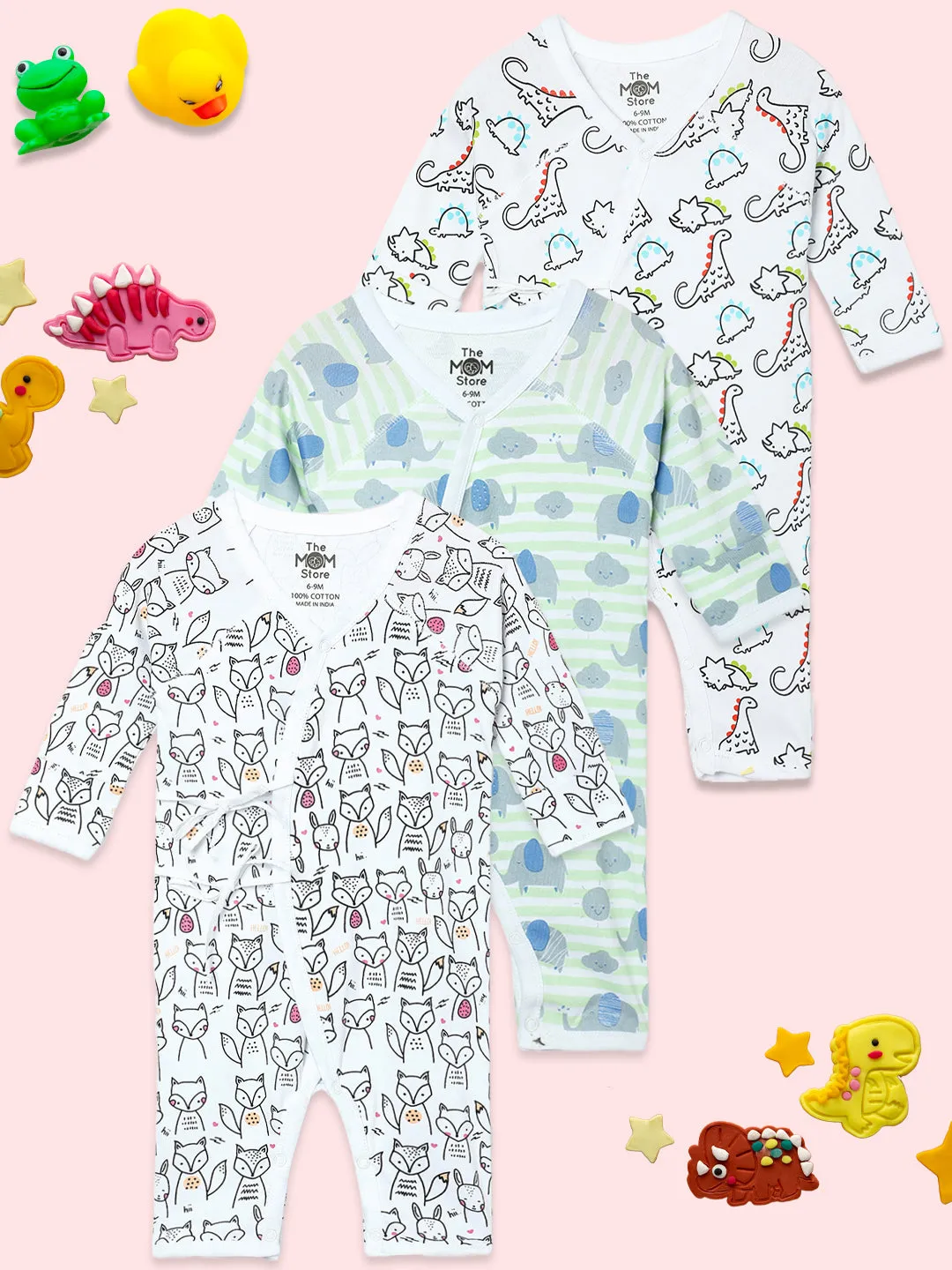 Jabla Infant Romper Combo Of 3: Dinos On The Round- Foxier Than The Fox-Jungle Elephant