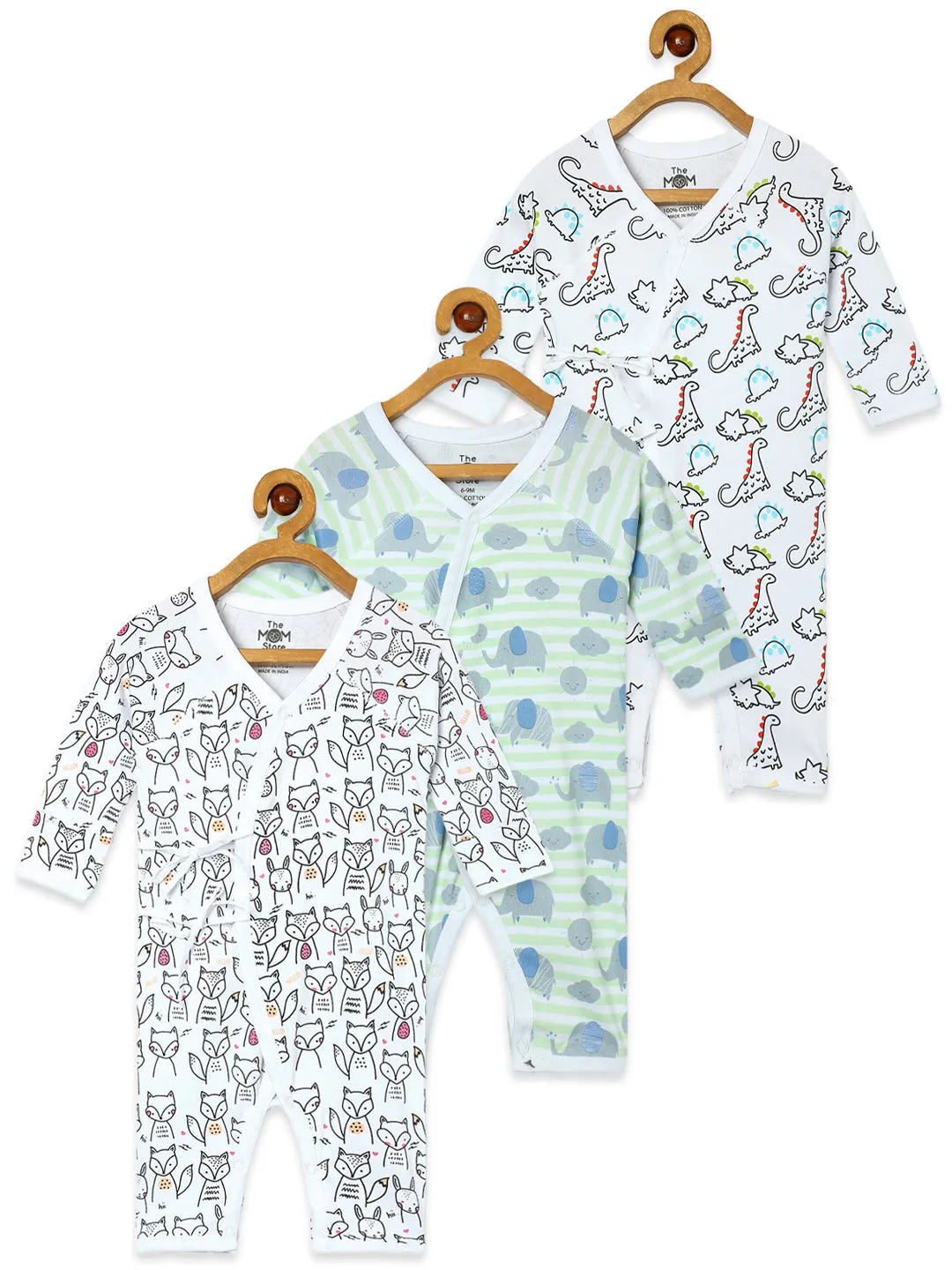 Jabla Infant Romper Combo Of 3: Dinos On The Round- Foxier Than The Fox-Jungle Elephant