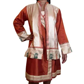 Jantar Mantar Jacket -  3/4 Length Clay and Ivory Silk Sari Woven Fabric