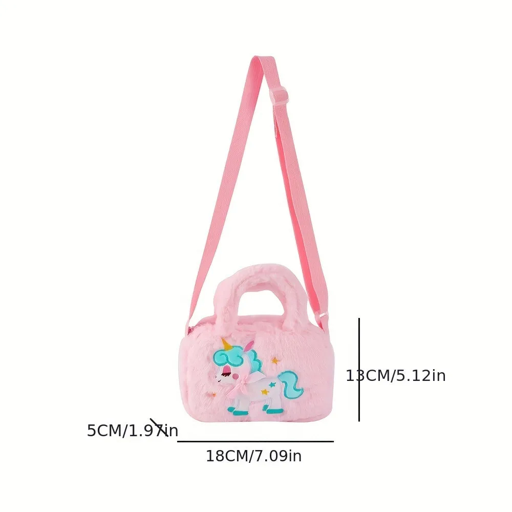 Kawaii Unicorn Pattern Plush Bag, All-Match Satchel Bag, Trendy Shoulder Bag For Shopping