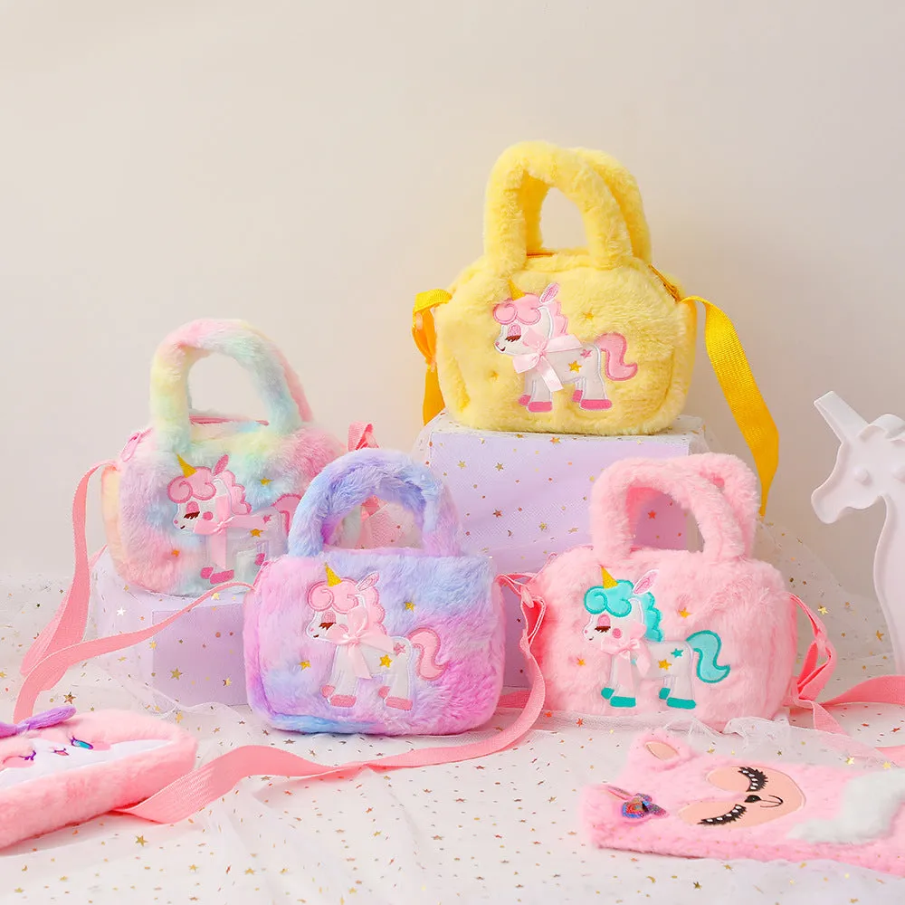 Kawaii Unicorn Pattern Plush Bag, All-Match Satchel Bag, Trendy Shoulder Bag For Shopping