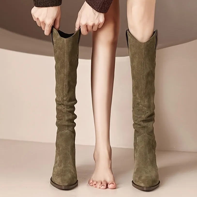 Knee High Boots - Ultra-Comfortable Slouchy Design, Trendy V-Cut, Easy Pull-On, Chunky Heel, Classic Cowboy Style - Exclusively for Women, Fashion-Forward, Solid Color Options