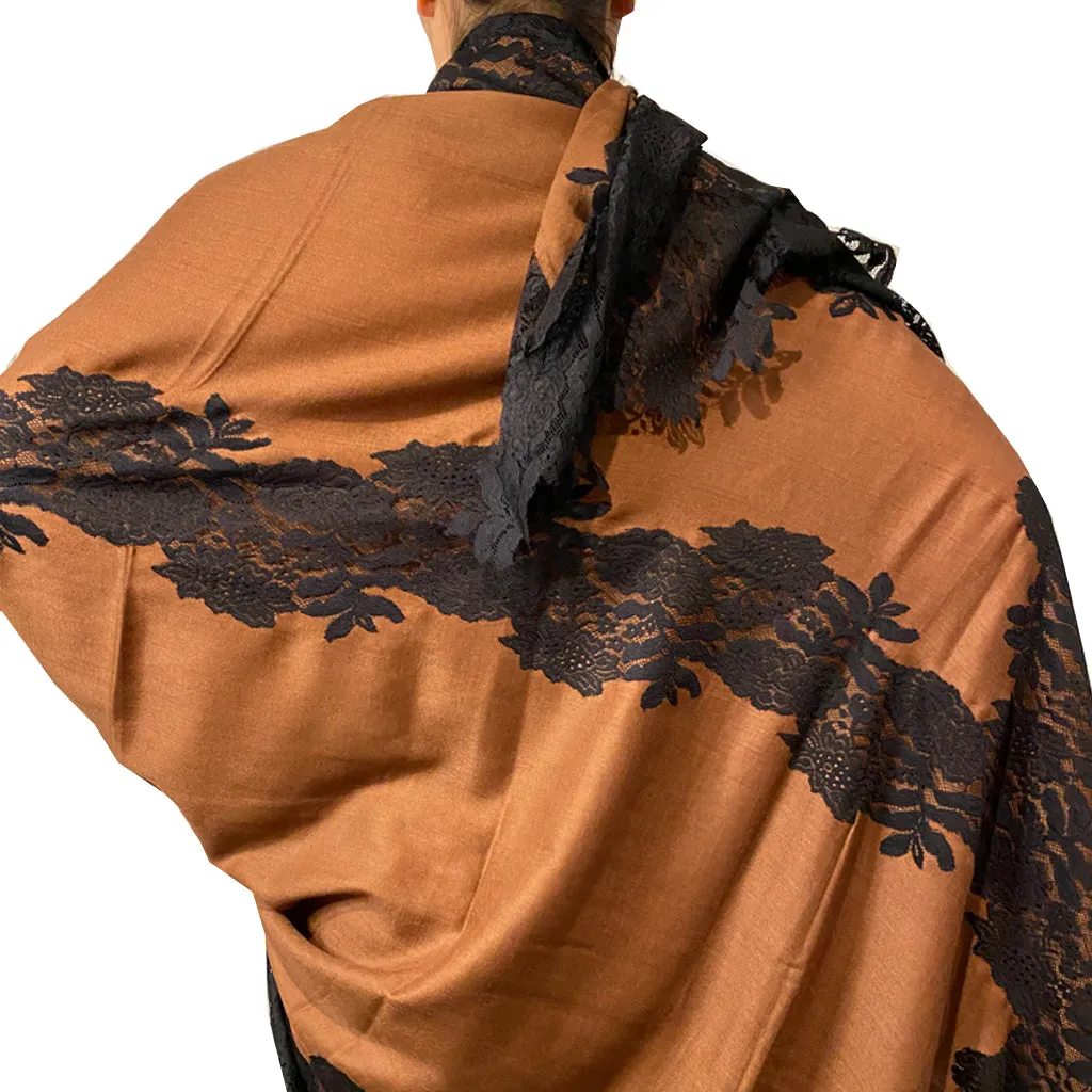 Kolkata Night Caramel Pashmina Shawl with Black Lace trim