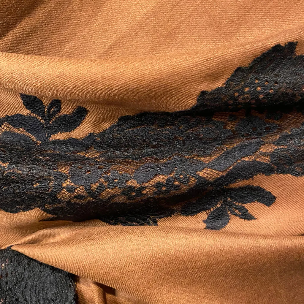 Kolkata Night Caramel Pashmina Shawl with Black Lace trim