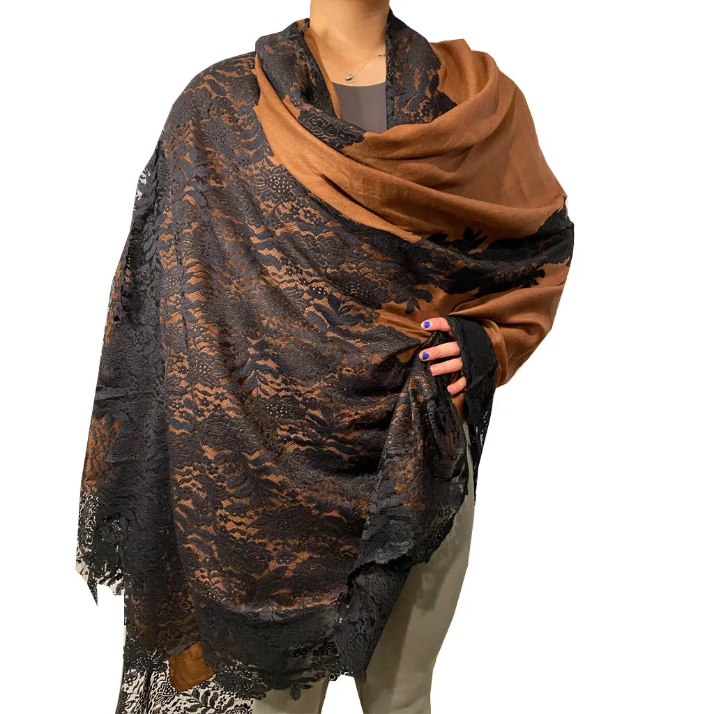 Kolkata Night Caramel Pashmina Shawl with Black Lace trim