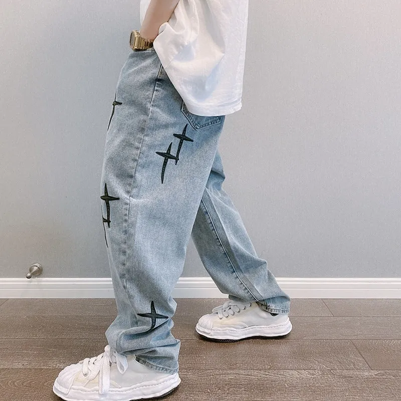 Korean Style Straight Jeans Men's Loose New Spring and Autumn New Trendy Casual Men's Ankle Length Pants Hong Kong Style Wide Leg Pants