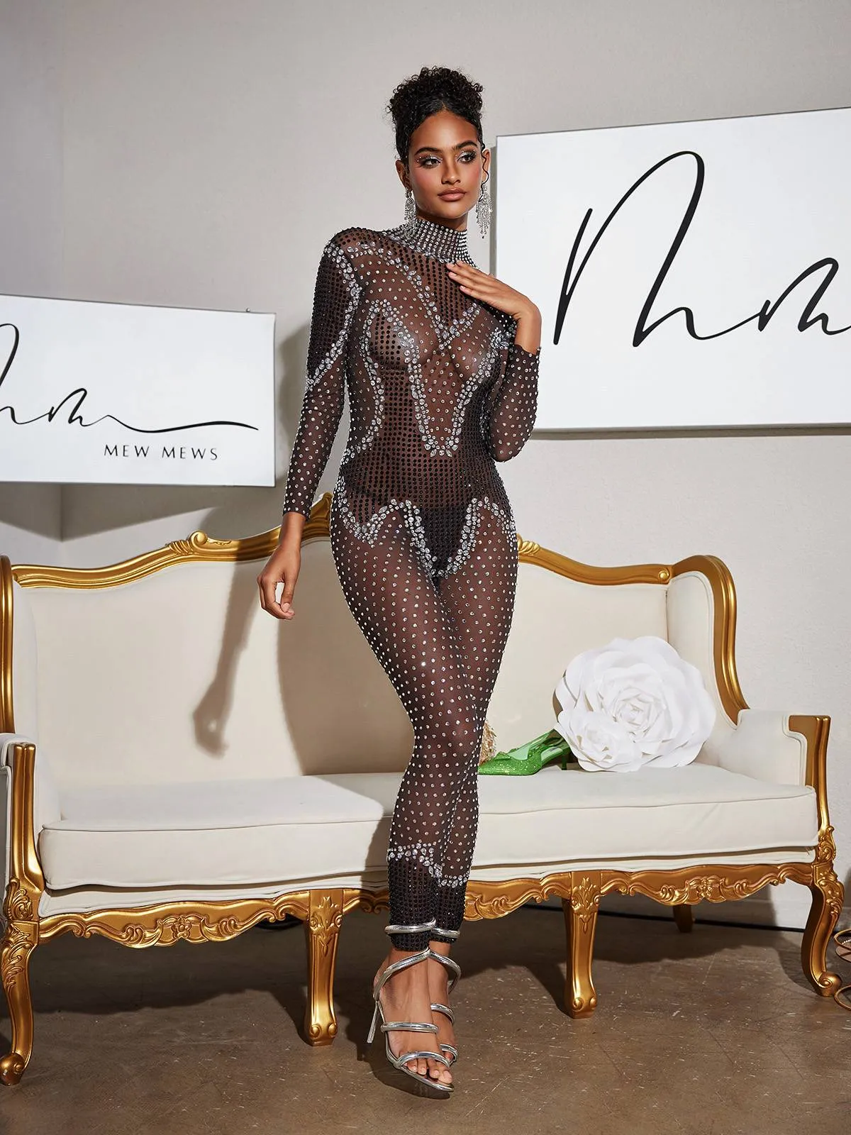 Lanen Turtleneck Rhinestone Mesh Jumpsuit