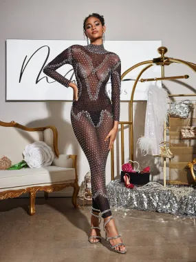 Lanen Turtleneck Rhinestone Mesh Jumpsuit