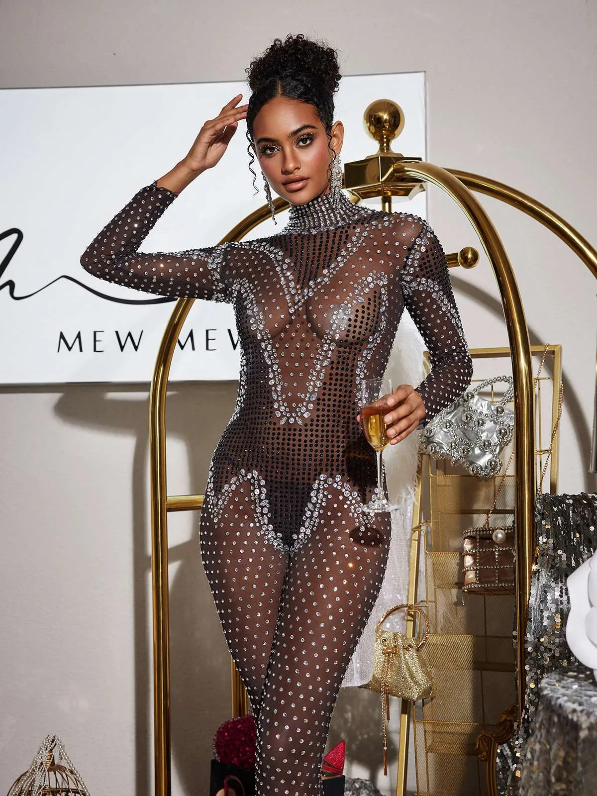 Lanen Turtleneck Rhinestone Mesh Jumpsuit